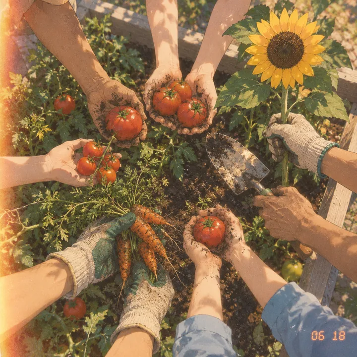 Hands in dirt at a community garden, holding up tomatoes, carrots and a sunflower in warm sunlight.