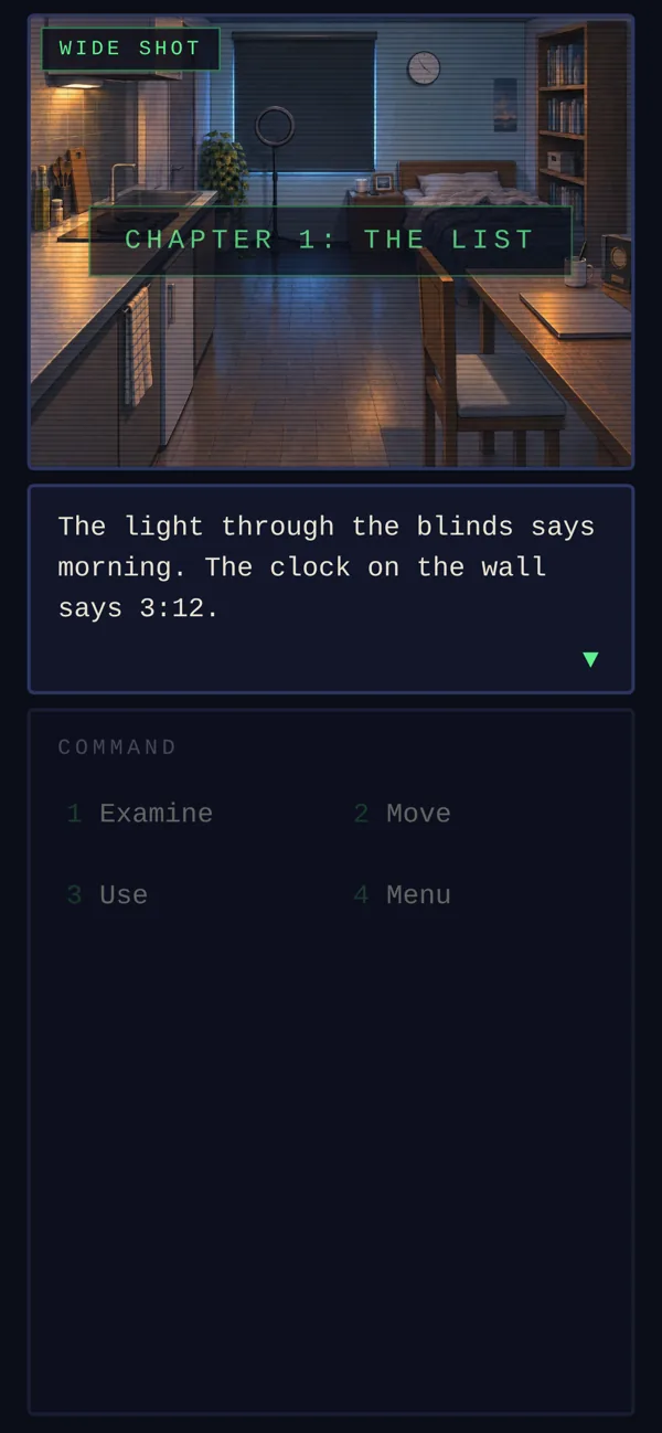 The game on a phone: the wide shot of the apartment at top, narration below, and a four-button command menu at the bottom.
