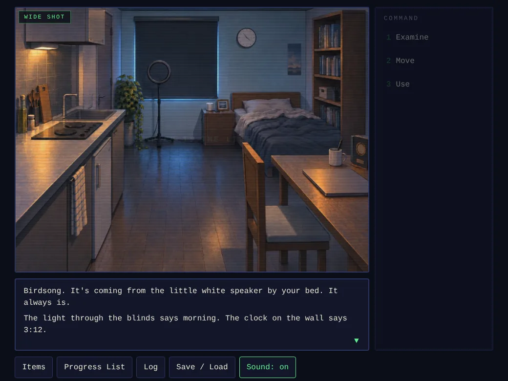 Wide shot: the dim studio apartment at 3:12, blinds drawn, a ring light in front of the window.